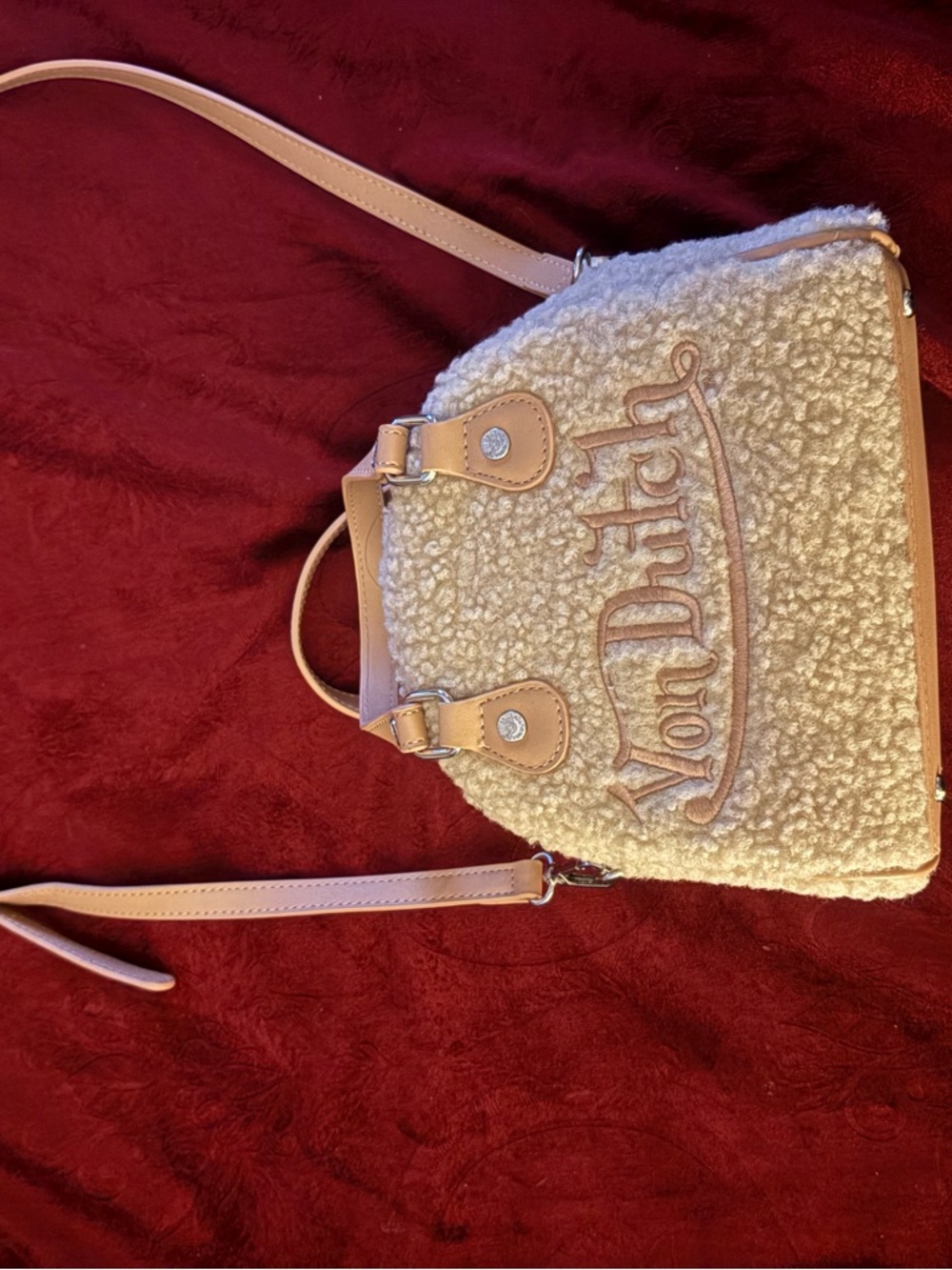 Von Dutch Cream Sherpa Crossbody with Tan Trim